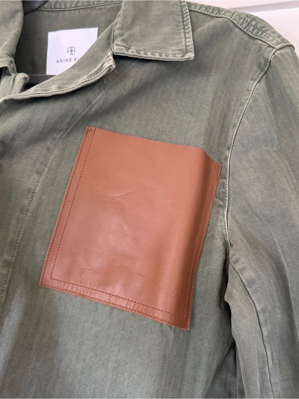 ANINE BING Olive Green Military Field Jacket with Brown Leather Chest Pocket - Picture 4 of 8